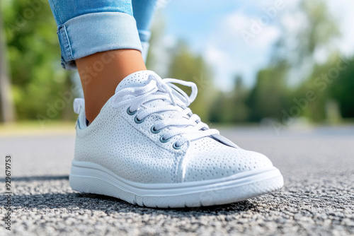 Female ankle foot walking workout exercise on the concrete road