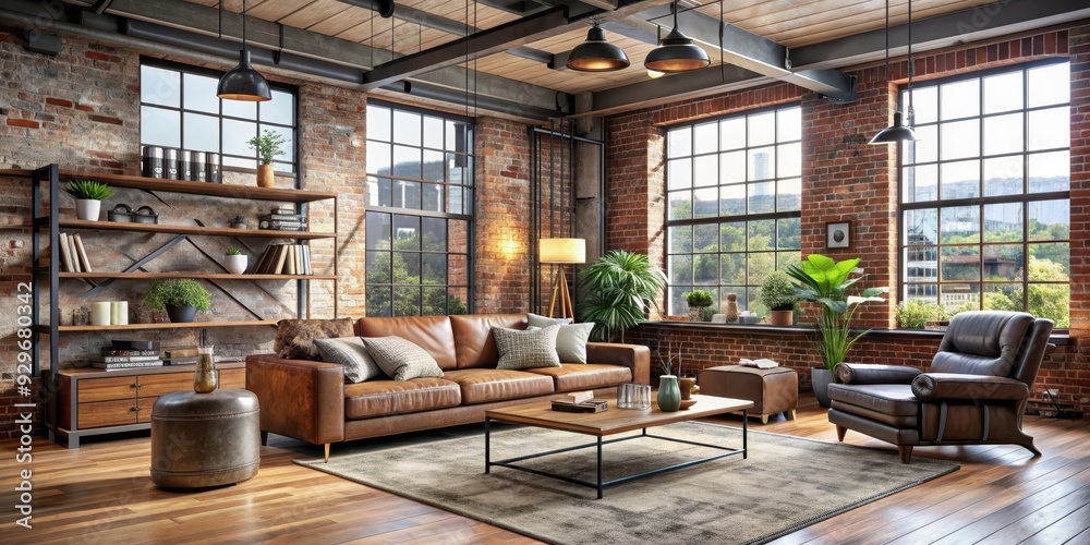 Industrial style loft living room interior with exposed brick walls, metal accents, and cozy furniture, loft