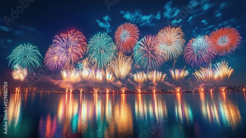 A spectacular display of fireworks fills the night sky at the Omagari National Fireworks Competition, with vibrant colors reflected in the calm waters of the river photo