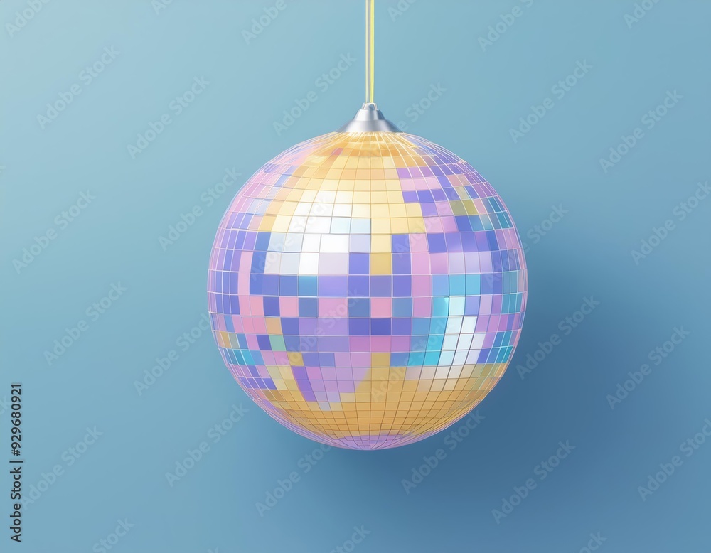 Fototapeta premium 3D disco ball hangs against a light blue background, 3D illustration