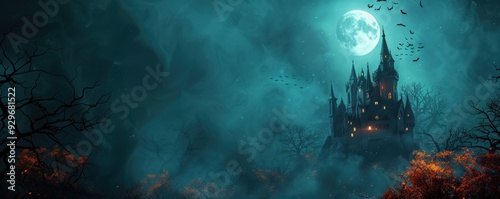 Old haunted castle, bats flying in moonlit sky, 3D illustration