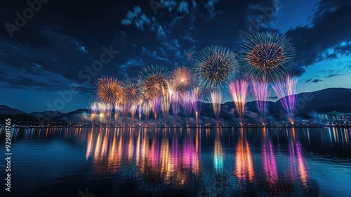 The Omagari National Fireworks Competition, with the night sky lit up by an array of colorful fireworks reflecting in the river below, creating a mesmerizing scene. photo