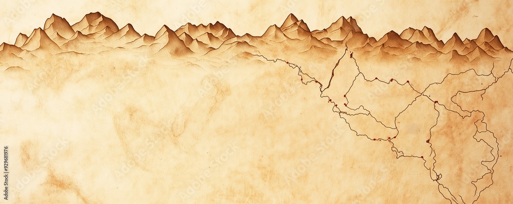 Fototapeta premium Ancient map, explorers charting unknown trails, weathered parchment, watercolor style