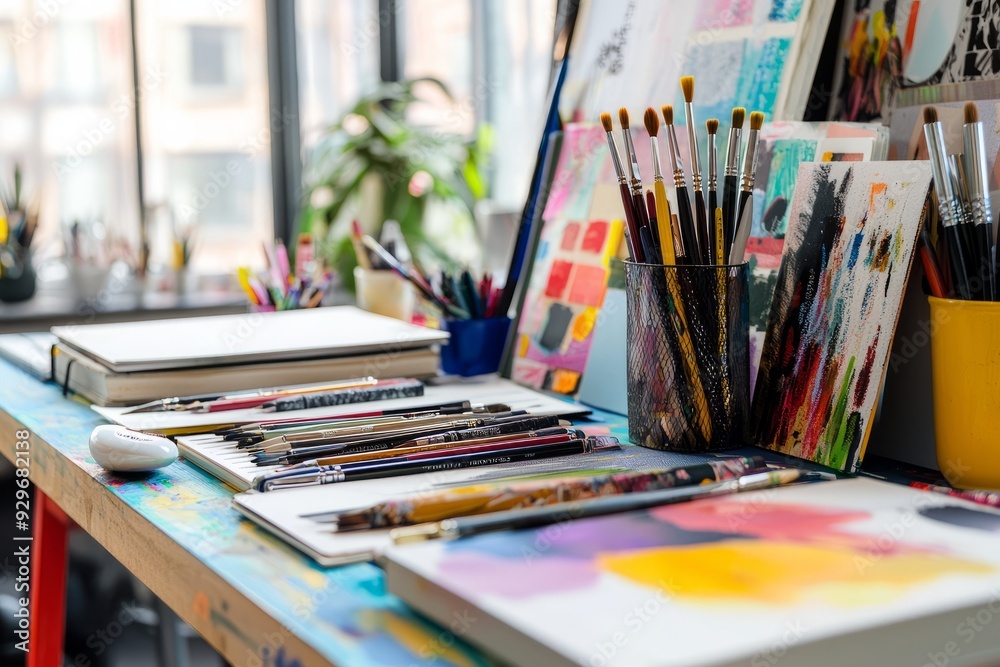 A colorful creative studio with a mix of digital and traditional tools, surrounded by design books A colorful creative studio with a mix of digital and traditional tools, surrounded by design books