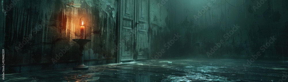 Abandoned haunted mansion, flickering candlelight, 3D illustration Abandoned haunted mansion, flickering candlelight, 3D illustration