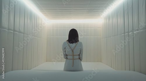 Woman in a padded cell, isolated and bound in a straitjacket