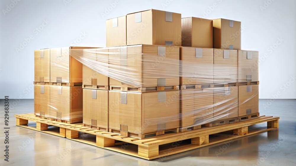 Freshly packed cardboard boxes stacked on a wooden pallet, wrapped in clear plastic, ready to be shipped out to eager customers awaiting their online orders. Freshly packed cardboard boxes stacked on a wooden pallet, wrapped in clear plastic, ready to be shipped out to eager customers awaiting their online orders.