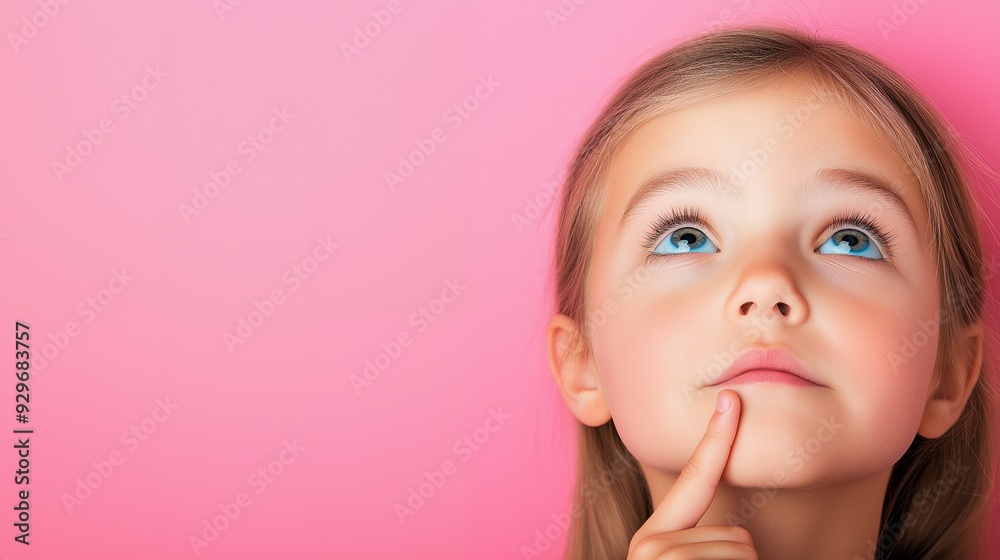 A young girl thoughtfully gazing upwards against a pink background. A young girl thoughtfully gazing upwards against a pink background.