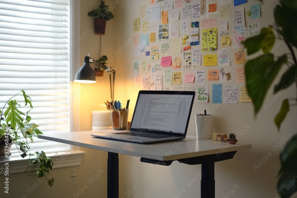 Fototapeta premium A minimalist creative workspace with a standing desk, laptop, and walls covered in creative ideas