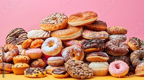 A large mound of pastries bagels muffins and donuts with a pink and yellow background