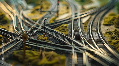 Aerial view of railway tracks intersecting in a forested area. Train track junction with multiple branching path. Generative by AI