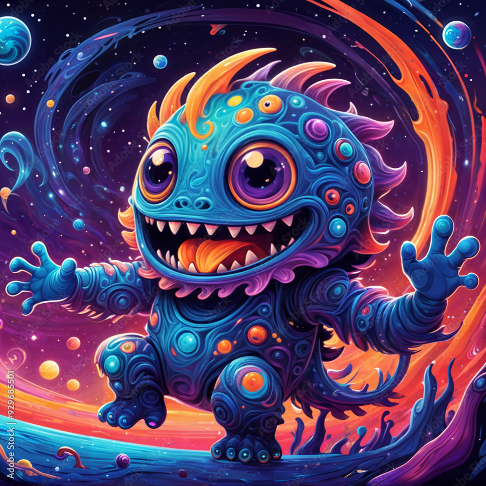 Colorful and cute monster character in the galaxy and nebula backgrounds Colorful and cute monster character in the galaxy and nebula backgrounds
