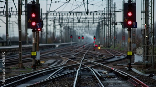 Railway workers in orange uniforms inspecting tracks at a busy train station. Maintenance work on railroad tracks. Generative by AI