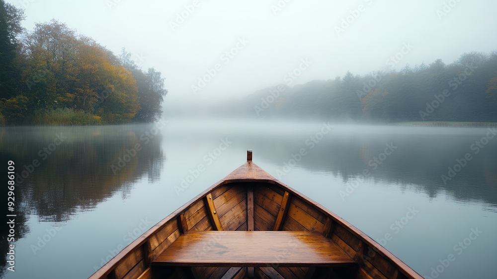 Tranquil Boat Journey: Misty Morning on a Serene Lake Tranquil Boat Journey: Misty Morning on a Serene Lake