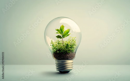 A creative light bulb with a sprouting plant inside, symbolizing innovation, sustainability, and eco-friendly ideas.