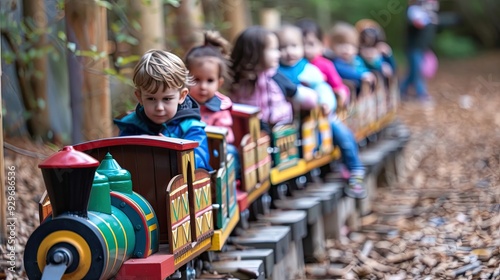 Miniature train ride in amusement park with children on board. Colorful outdoor attraction in a green park setting. Generative by AI