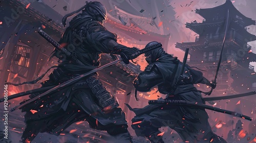 Group of ninjas in a sword fight in a traditional Japanese town. Intense battle scene in an ancient setting. Generative by AI