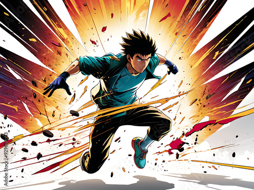 Vibrant Manga Action Scene with Comic-Style Speed Lines, Intense Action Graphics, and Bold Explosive Effects on a White Background