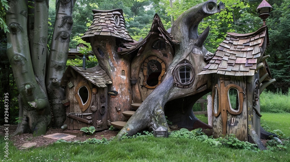 Wooden treehouse with a balcony and ladder in a backyard surrounded by ...