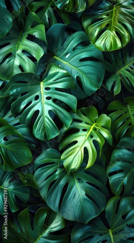 closeup of monstera leaves, the background features dark green plants