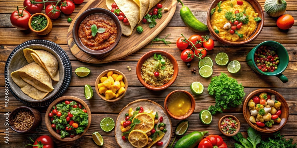 Fototapeta premium Variety of Mexican dishes on a table , Tacos, Burritos, Quesadillas, Chili, Fajitas, Tortillas, Mexican cuisine, Food