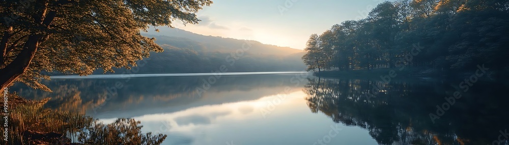 Fototapeta premium Serene Lake Landscape Photo with Tree Reflections and Golden Hour Light