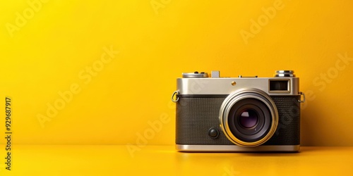 Retro camera on yellow background with copy space, vintage, photography, old-fashioned, technology, nostalgic, equipment