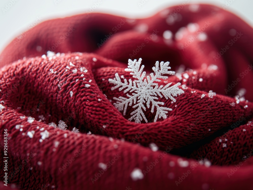Pristine snowflakes delicately placed on a red scarf Pristine snowflakes delicately placed on a red scarf