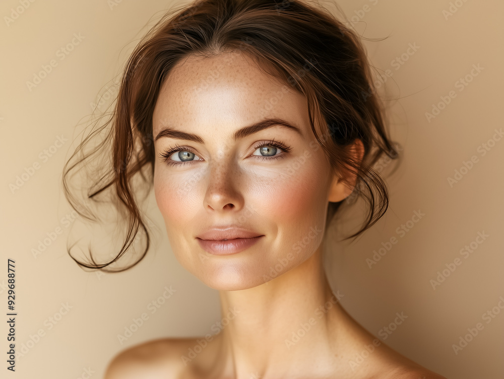 Fototapeta premium Portrait of beautiful English woman model with perfect fresh clean skin on beige background.