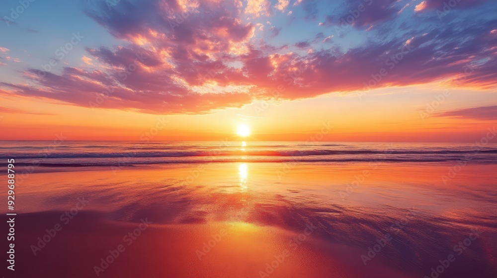 A serene sunset over the ocean, reflecting vibrant colors on the water's surface. A serene sunset over the ocean, reflecting vibrant colors on the water's surface.