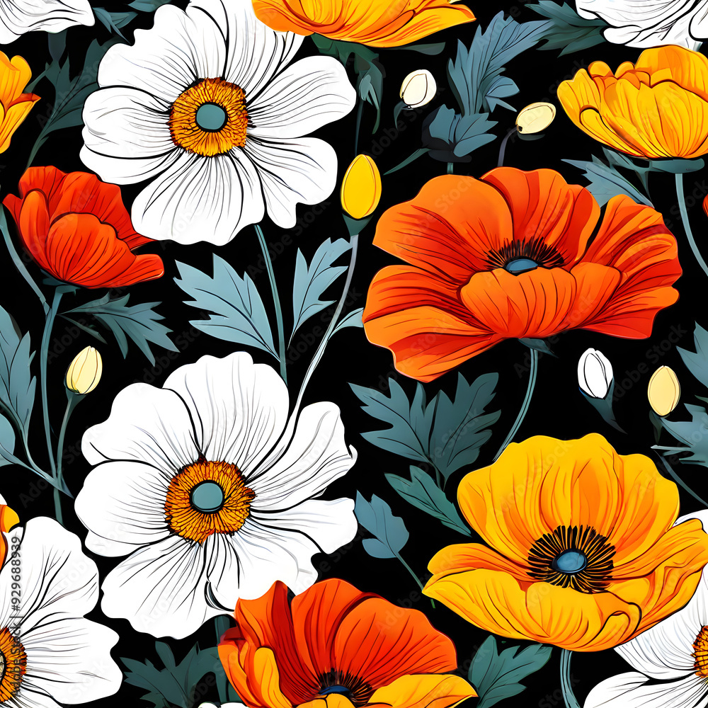 seamless pattern with flowers, argyle daisy poppy marigolds pattern overlay in bright jewel tones black white cartoon drawing seamless pattern with flowers, argyle daisy poppy marigolds pattern overlay in bright jewel tones black white cartoon drawing