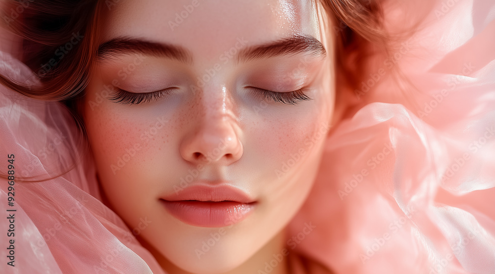 The face of a beautiful young woman with eyes closed and raised against a background of pastel pink that glows around only a clean face. Beautiful skin care made into a cosmetic label.