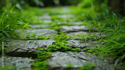 A lot of lush grass growing on a stone walkway