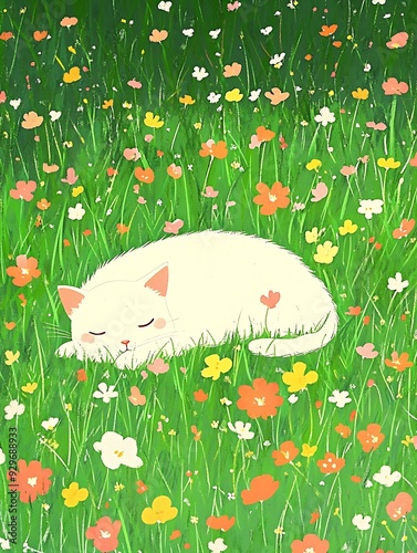 Cozy Sleeping White Cat Illustration Art photo