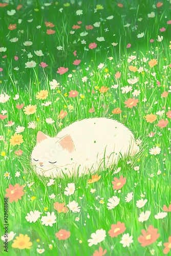 Cozy Sleeping White Cat Illustration Art photo