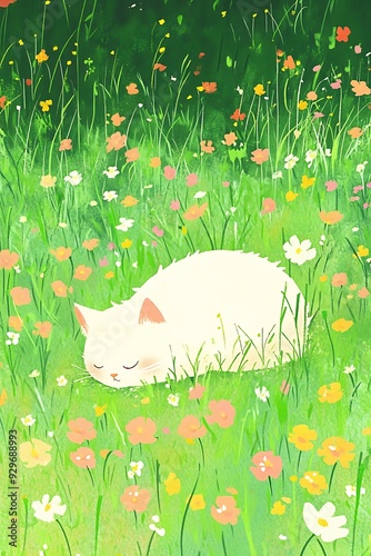 Cozy Sleeping White Cat Illustration Art photo