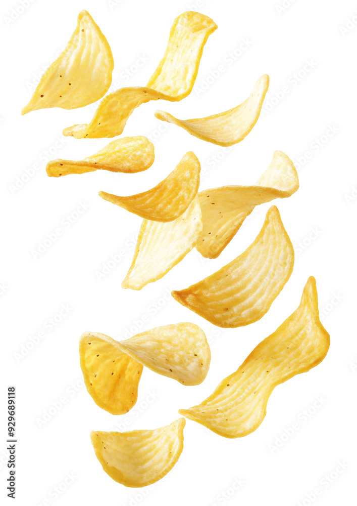 Flying potato chips. Isolated White background. Flying potato chips. Isolated White background.