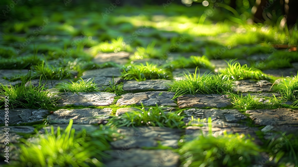 A lot of lush grass growing on a stone walkway A lot of lush grass growing on a stone walkway