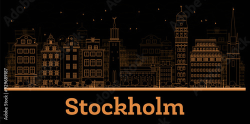Photography Outline Stockholm Sweden City Skyline with orange Buildings