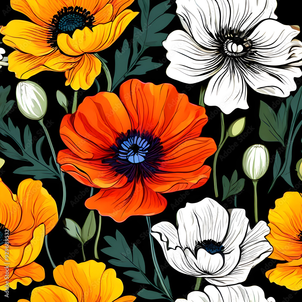 seamless pattern with flowers, argyle daisy poppy marigolds pattern overlay in bright jewel tones black white cartoon drawing seamless pattern with flowers, argyle daisy poppy marigolds pattern overlay in bright jewel tones black white cartoon drawing