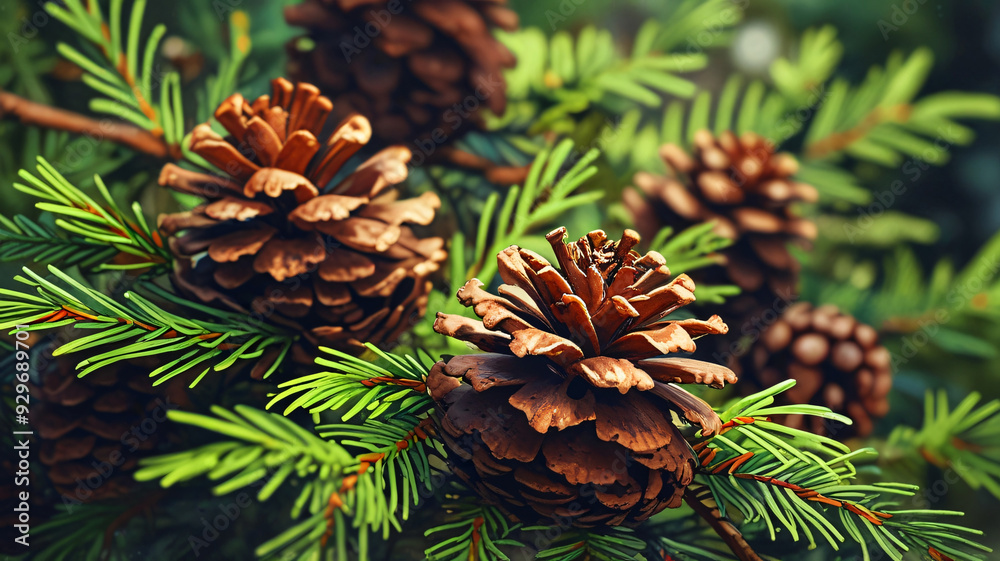Pine Cones Amidst Greenery, nature background wallpaper, anime illustration drawing Pine Cones Amidst Greenery, nature background wallpaper, anime illustration drawing