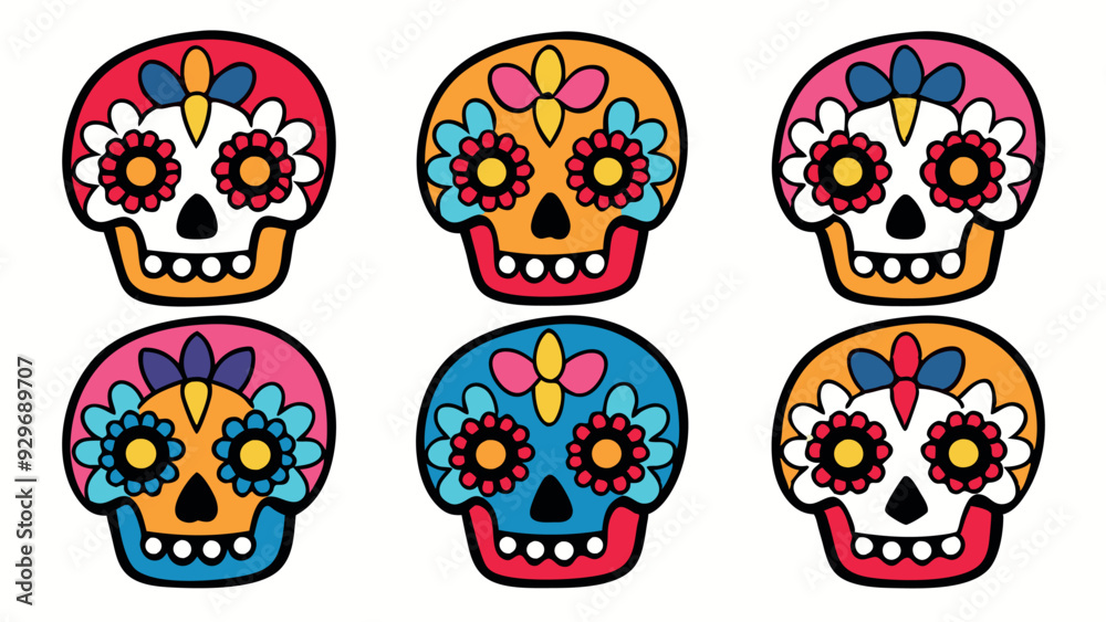 Obraz premium Colorful sugar skulls icon set, Dia de los Muertos theme, vibrant palette, web design, isolated icons, traditional Mexican style with bright colors.