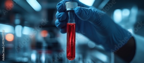 Closeup of a Hand Holding a Test Tube with Red Liquid in a Laboratory