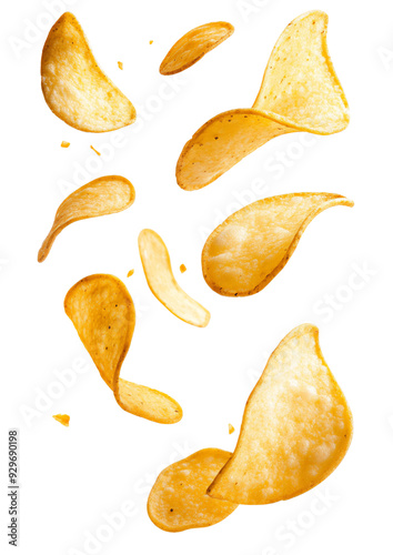 Flying potato chips. Isolated White background.