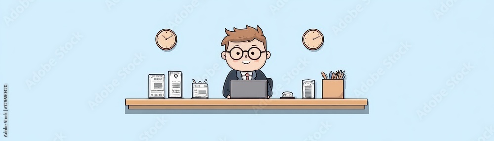 A friendly office worker sitting at a desk with a laptop, surrounded by stationery and wall clocks, creating a productive atmosphere. A friendly office worker sitting at a desk with a laptop, surrounded by stationery and wall clocks, creating a productive atmosphere.