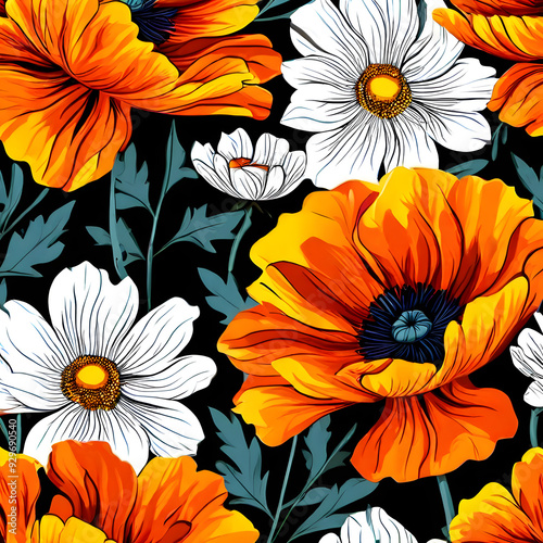 seamless pattern with flowers, argyle daisy poppy marigolds pattern overlay in bright jewel tones black white cartoon drawing