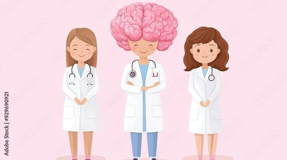 A whimsical illustration featuring three doctors, one with a brain-shaped head, promoting mental health awareness. A whimsical illustration featuring three doctors, one with a brain-shaped head, promoting mental health awareness.