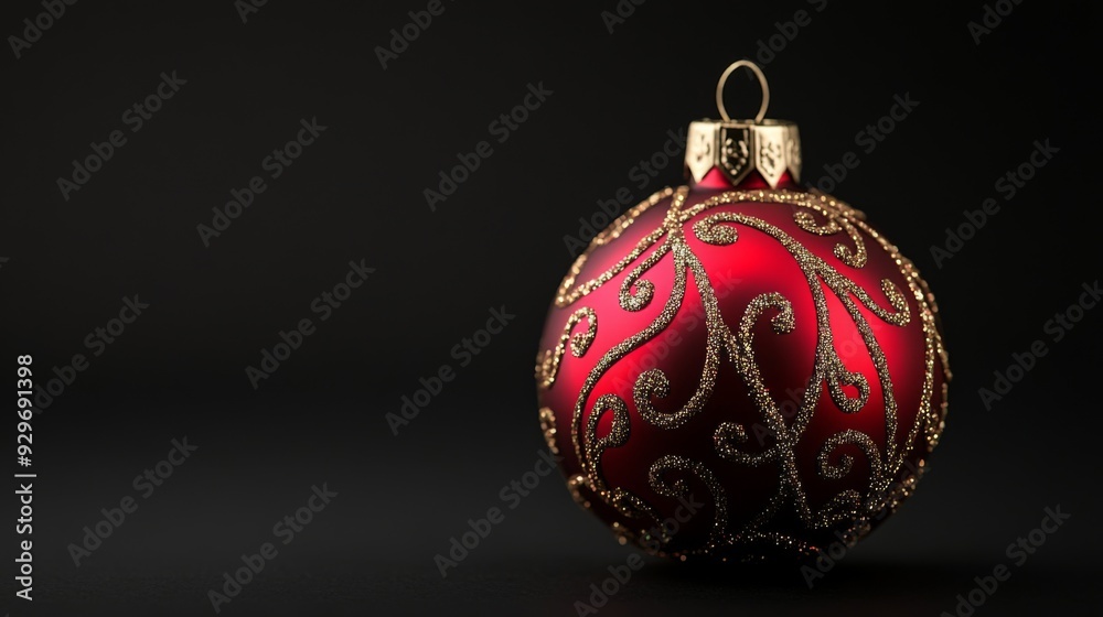 A single red Christmas ornament with gold swirls on a black background. A single red Christmas ornament with gold swirls on a black background.