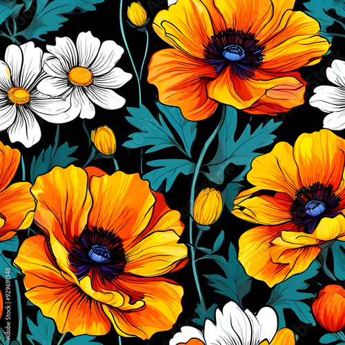 seamless pattern with flowers, argyle daisy poppy marigolds pattern overlay in bright jewel tones black white cartoon drawing
