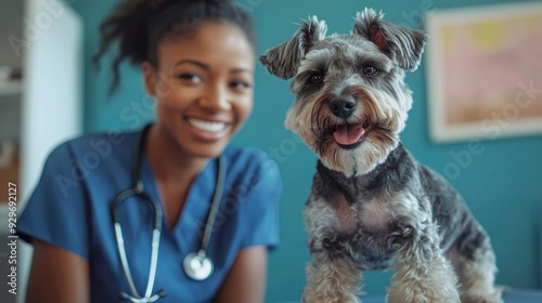 photograph of Side view shot of big salt-and-pepper schnauzer on examination table and female African American veterinarian listening to dogs heartbeat with stethoscope against